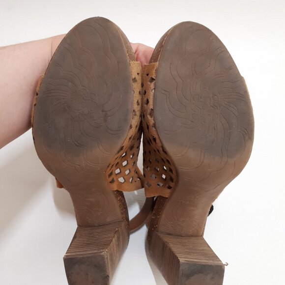 MIRABELLA Perforated Leather Platform Mules with Block Heel in Tan Suede Leather - Picture 10 of 11